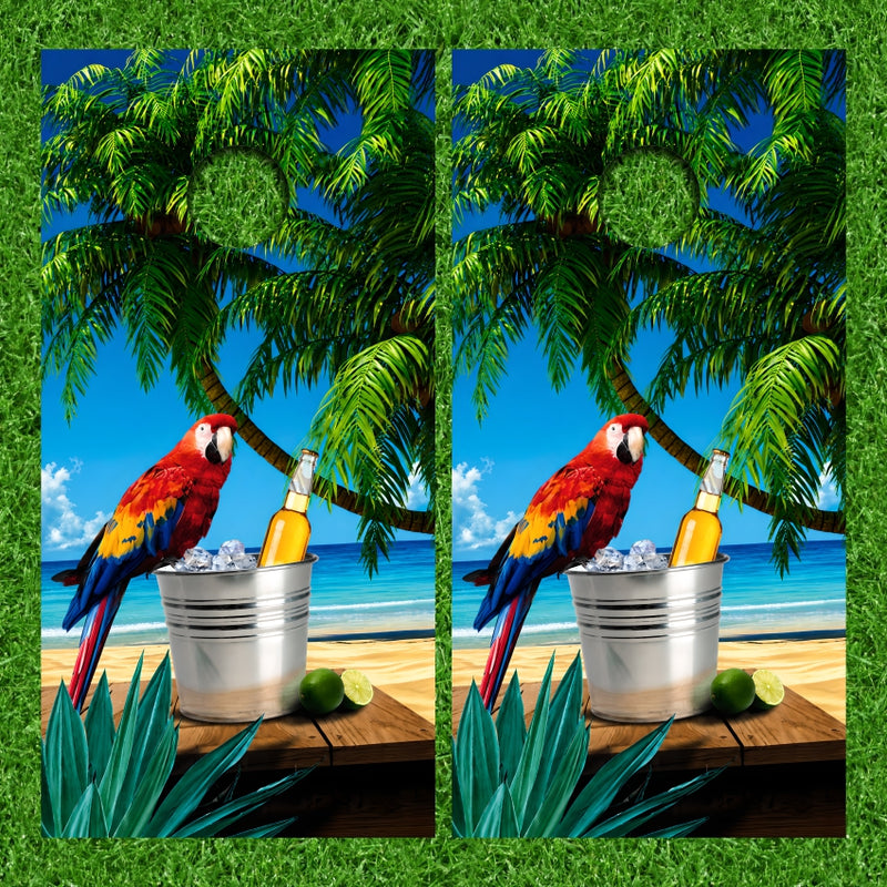 Tropical palm Tree Beach Theme with Parrot Beer Ice Bucket Cornhole Wraps