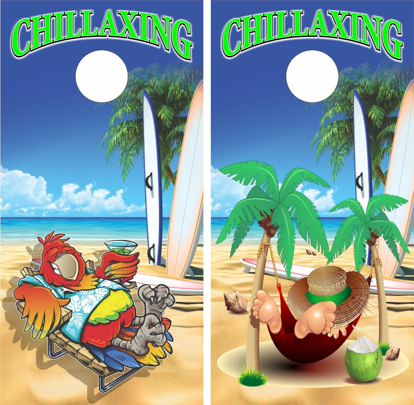 Chillaxing Man Hammock Parrot Lounge Chair Palm Trees on Sandy Beach Cornhole Wraps