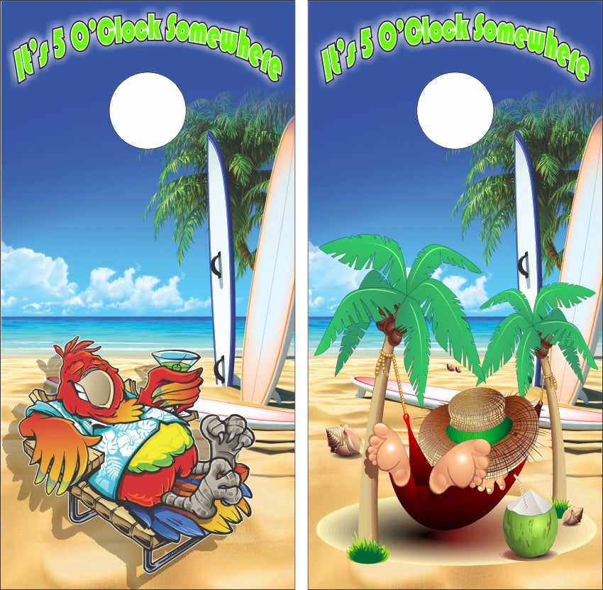 It's 5 O'Clock Somewhere Man Hammock Parrot Lounge Chair Palm Trees on Sandy Beach Cornhole Wraps