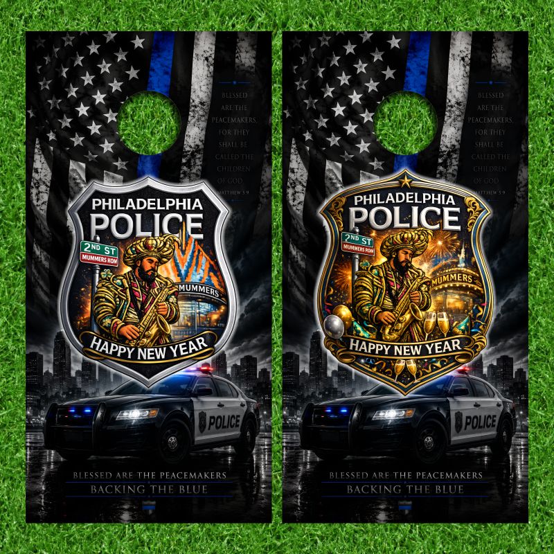Philadelphia Police Happy New Years with City Background Cornhole Wraps
