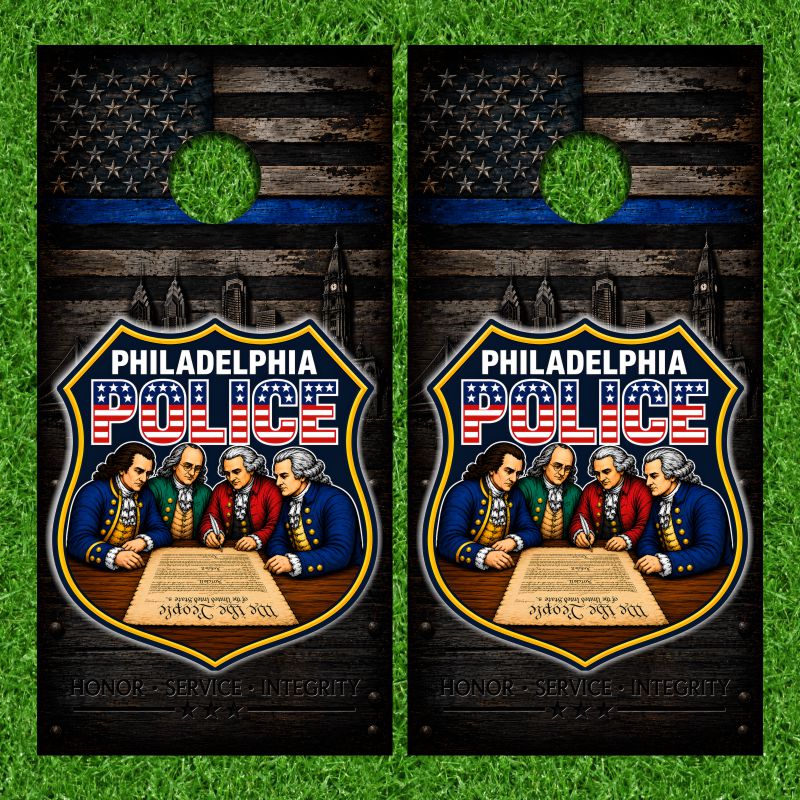 Philadelphia Police We The People Constitution  Weathered Wood Background Cornhole Wraps