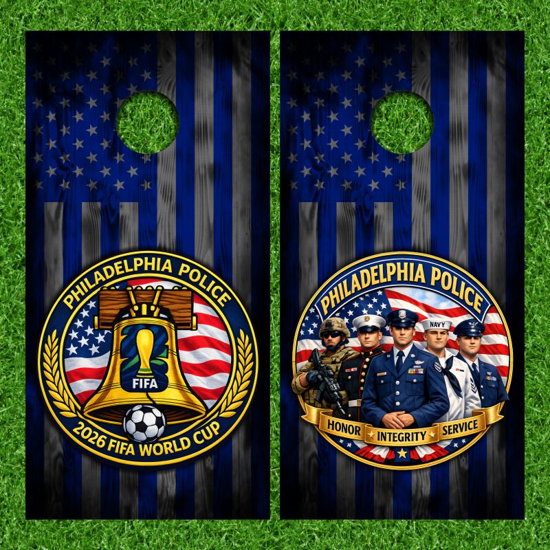 Philadelphia Police Honor Integrity Service Armed Forces with Weathered Wood Blue American Flag Background Cornhole Wraps