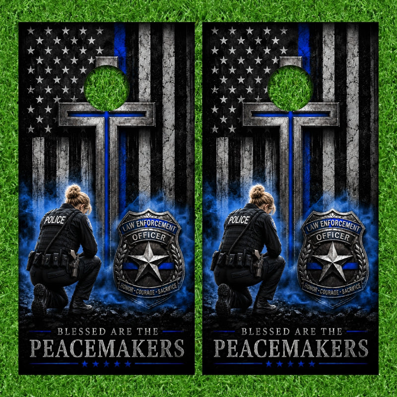 Female Police Woman Blonde Hair with Gray Grunge American Flag Cross Background Cornhole Wraps