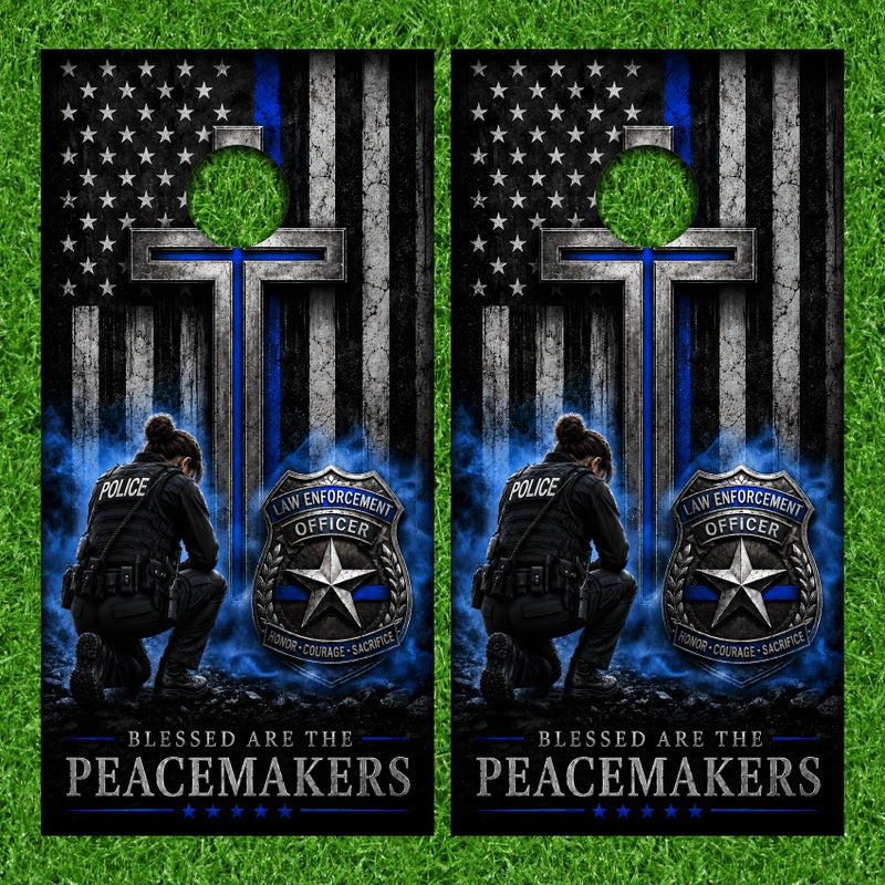 Female Police Woman Brownish Hair with Gray Grunge American Flag Cross Background Cornhole Wraps