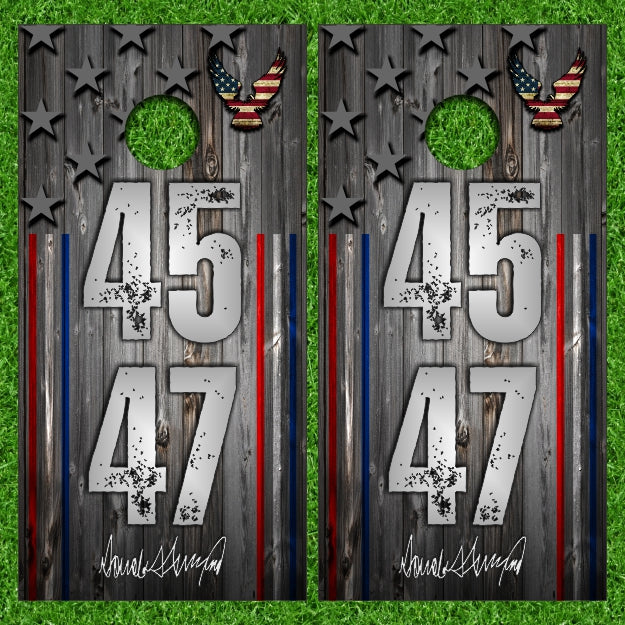 Presidential 45 and 47 Commemorative Gray Wood Cornhole Wraps