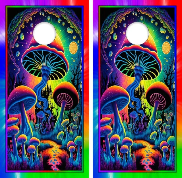 Colorful Psychedelic Mushrooms Peace Cornhole Wraps Version 1