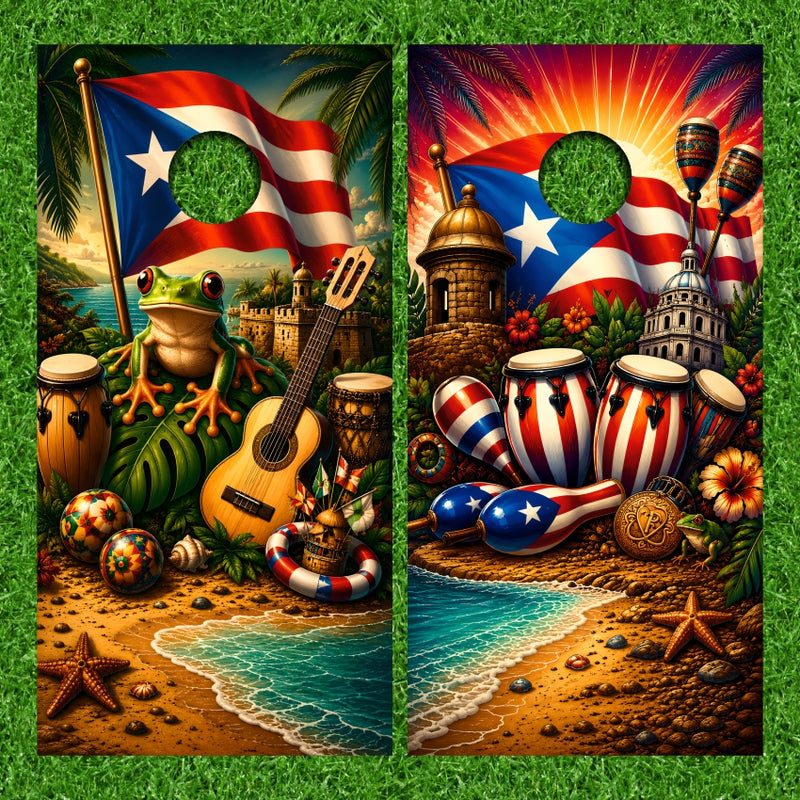Puerto Rico Culture Scene with Colorful Flag Frog Tropical Beach Celebration Cornhole Wraps