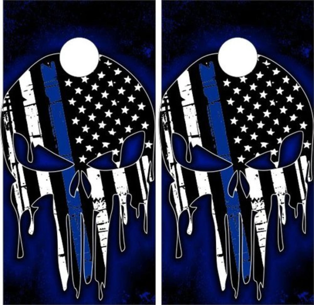 Thin Blue Line Police Punisher Skull Flag Background Cornhole Wraps