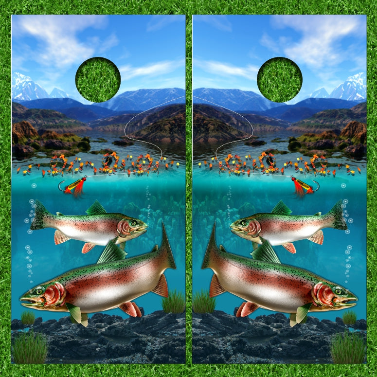 Rainbow Trout Fishing Lure Mountain Lake Background Cornhole Wraps Version 2