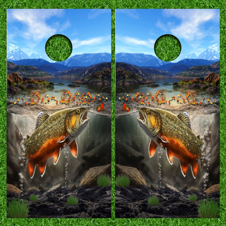 Rainbow Trout Fishing Lure Mountain Lake Background Cornhole Wraps Version 3