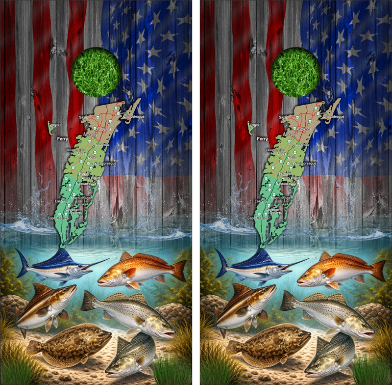 Red Drum Cobia Flounder Speckled Trout American Flag Custom Lake Map Cornhole Wraps Version 1