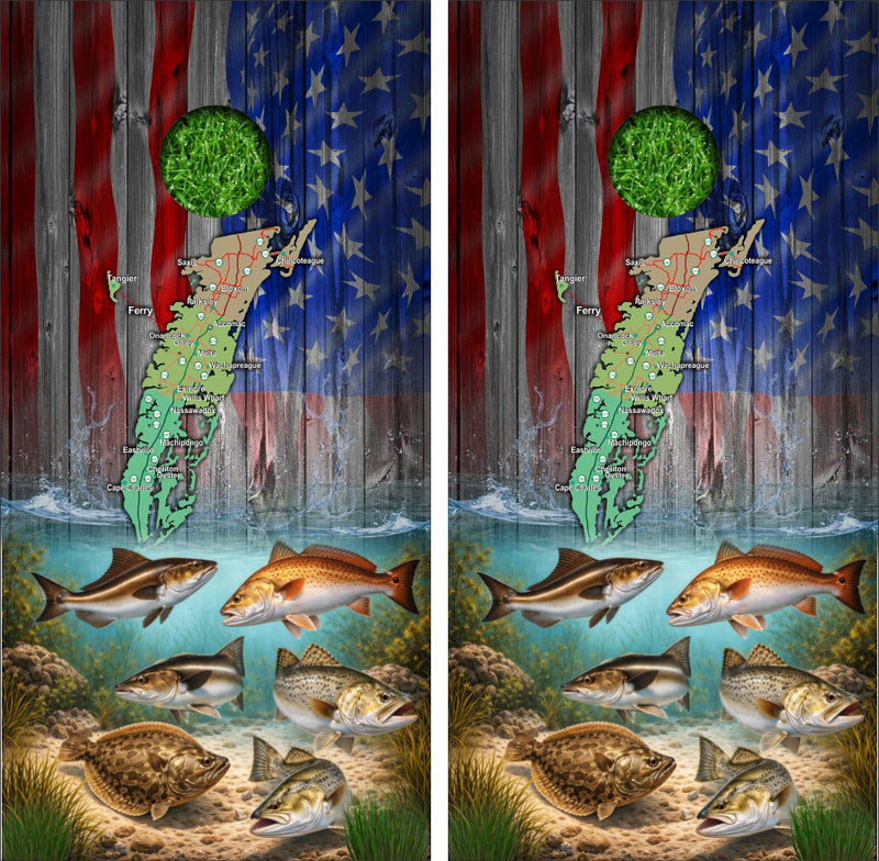Red Drum Cobia Flounder Speckled Trout American Flag Custom Lake Map Cornhole Wraps Version 2