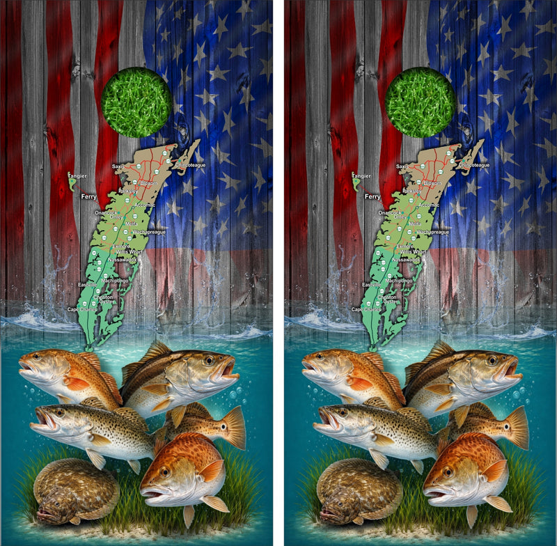 Red Drum Cobia Flounder Speckled Trout American Flag Custom Lake Map Cornhole Wraps Version 3