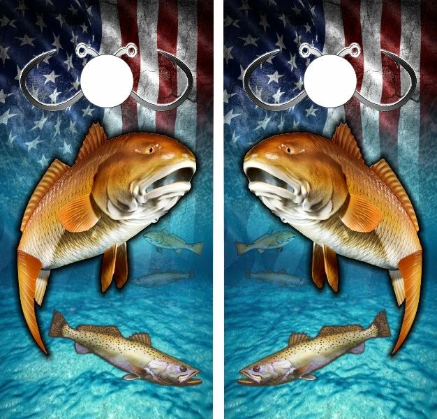 Redfish Speckle Trout Fish with American Flag Background Cornhole Wraps