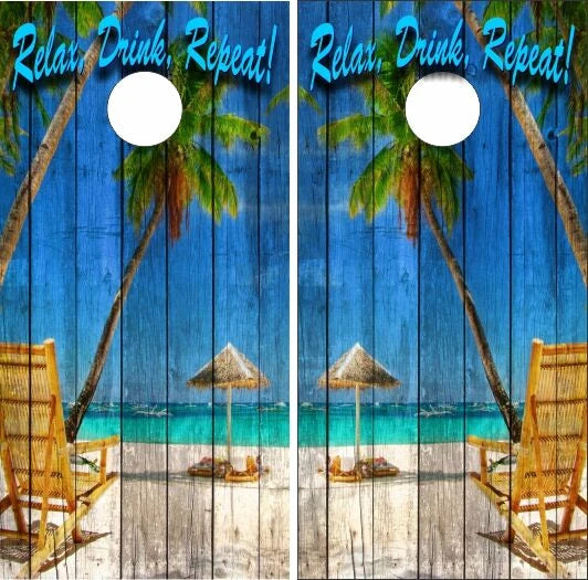 Relax Drink Repeat Tropical Beach Palm Trees Lounge Chair Tiki Hut Rustic Weather Wood Look Cornhole Wraps