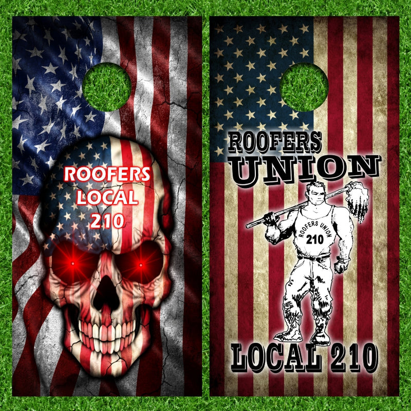 Roofers Union with American Flag Background Cornhole Wraps