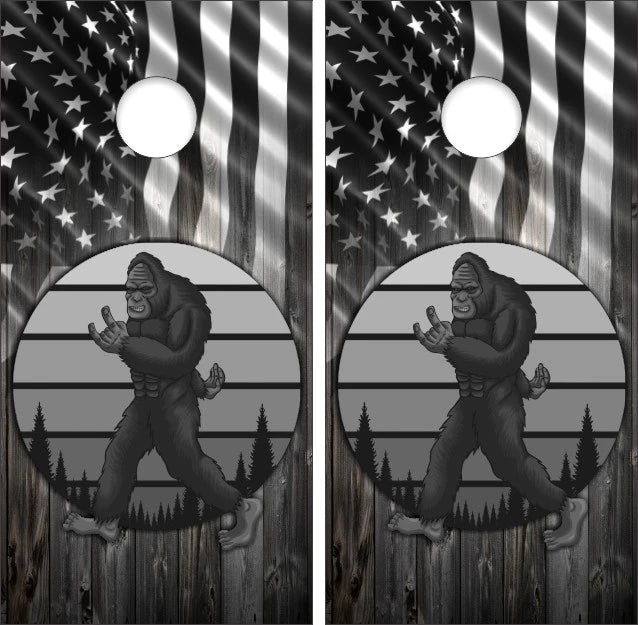 Sasquatch Bigfoot with Gray Circle & Weathered Wood American Flag Background Cornhole Wraps