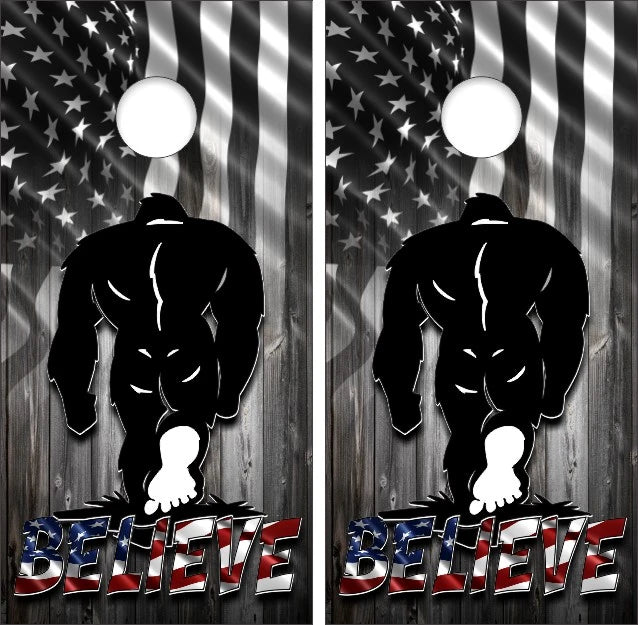 Sasquatch Bigfoot Walking Backside BELIEVE with Weathered Wood American Flag Background Cornhole Wraps