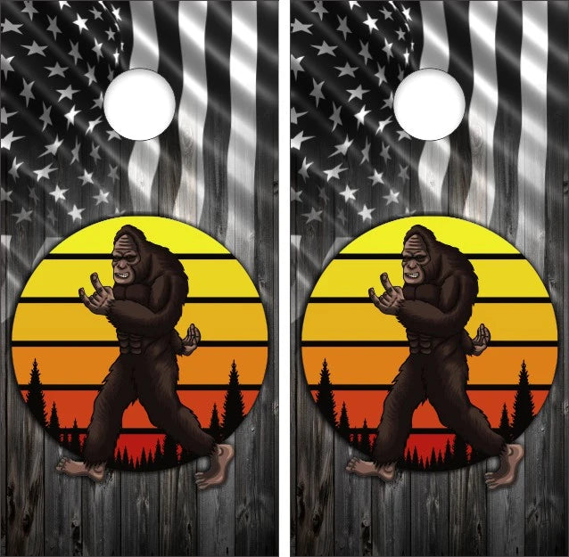 Sasquatch Bigfoot with Color Circle & Weathered Wood American Flag Background Cornhole Wraps