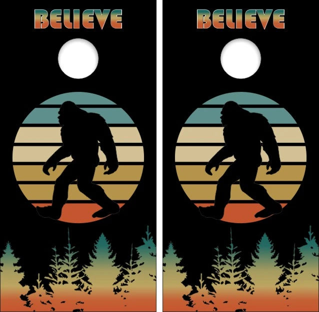 Sasquatch Bigfoot with Color Circle, Trees & Black Background Cornhole Wraps
