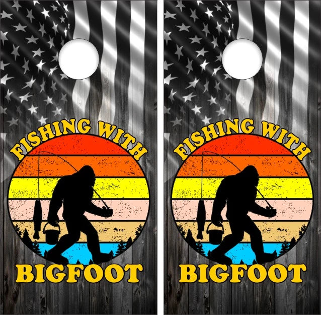 Sasquatch Bigfoot Gone Fishing With Color Circle & Weathered Wood American Flag Background Cornhole Wraps