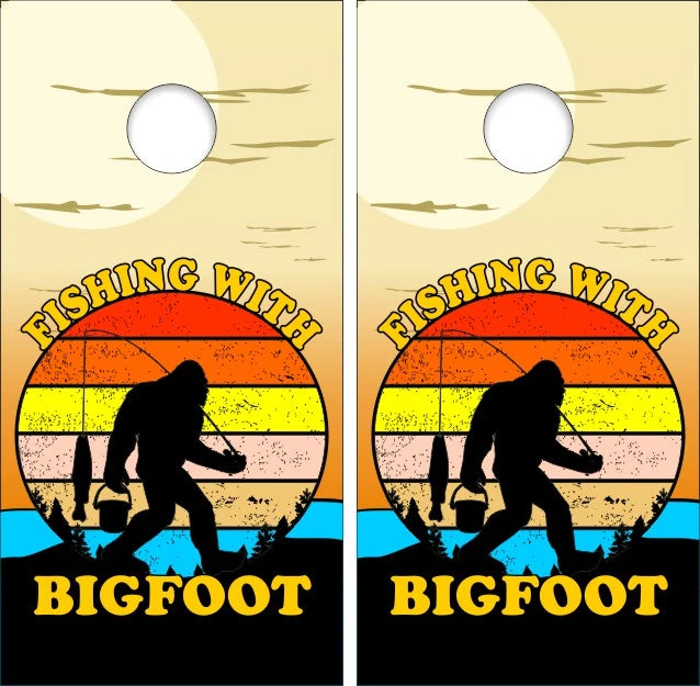 Sasquatch Bigfoot Gone Fishing With Color Circle &  Lake View Background Cornhole Wraps