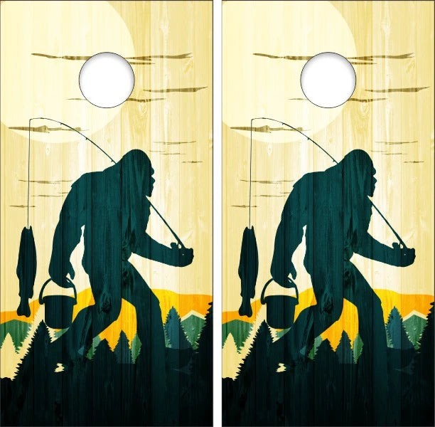 Sasquatch Bigfoot Gone Fishing & Mountain Forest View with Weathered Wood Background Cornhole Wraps