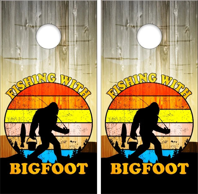Sasquatch Bigfoot Gone Fishing With Color Circle &  Lake View Weathered Wood Background Cornhole Wraps