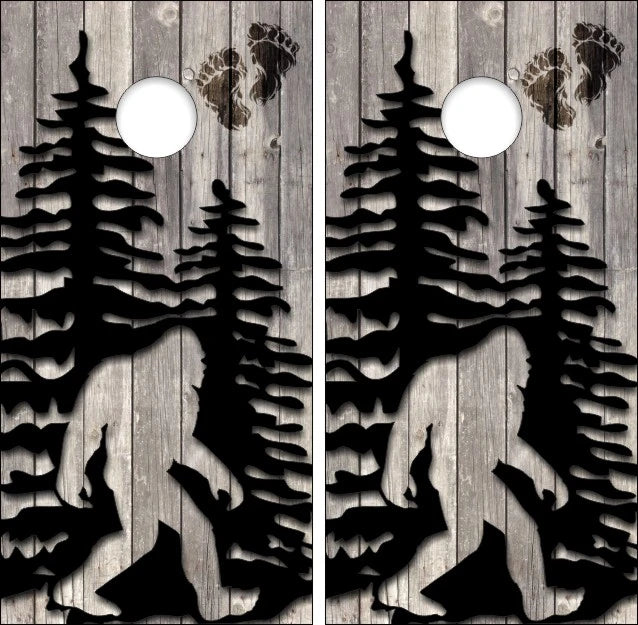 Sasquatch Bigfoot  Mountain Forest Trees with Weathered Wood Background Cornhole Wraps