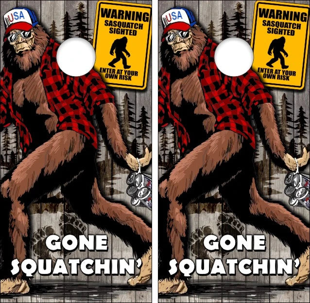 Bad to the Bone and Funny Sasquatch Bigfoot wearing Flannel Shirt & a Cool USA Hat with Weathered Wood Background Cornhole Wraps