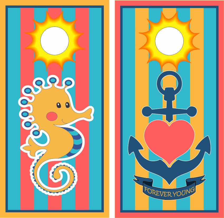 Family Fun Seahorse and Heart Anchor Cornhole Wraps