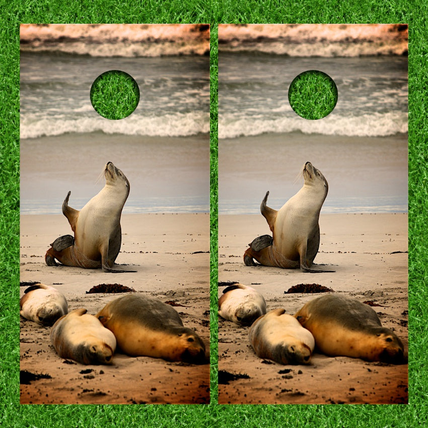 Seals on Sand with Crashing Ocean Waves Cornhole Wraps
