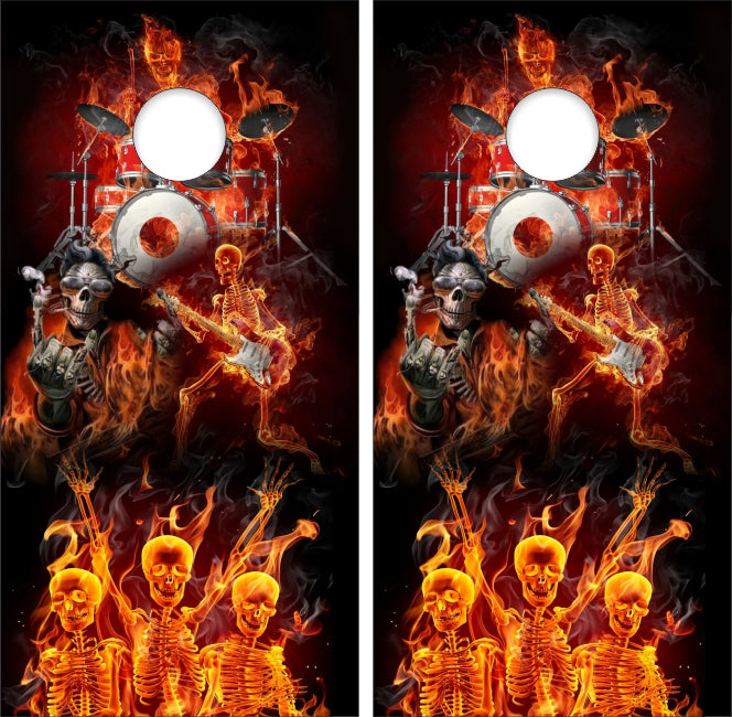 Heavy Metal Rock Band of Skeletons Fire Flames Electric Guitars Drums Cornhole Wraps