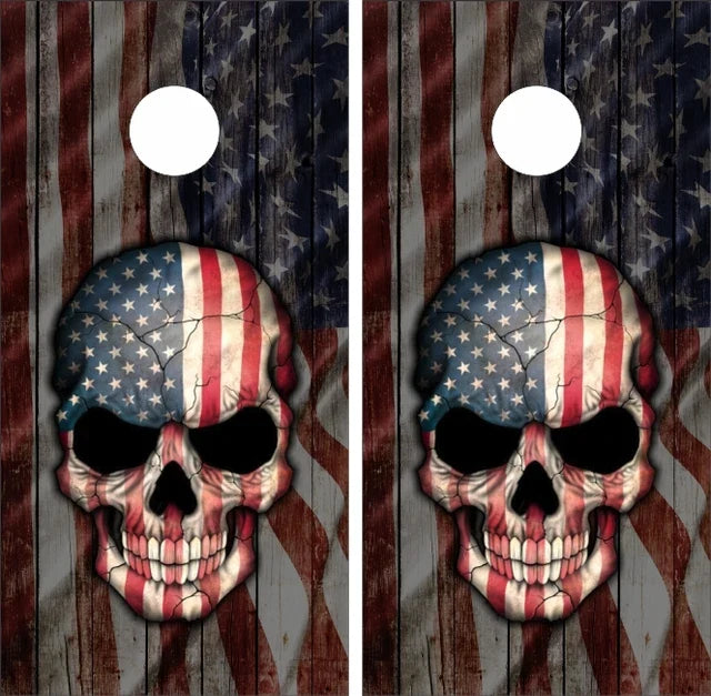 Thin Red Line Firefighter Punisher Skull USA Flag Weathered Wood Background Cornhole Wraps