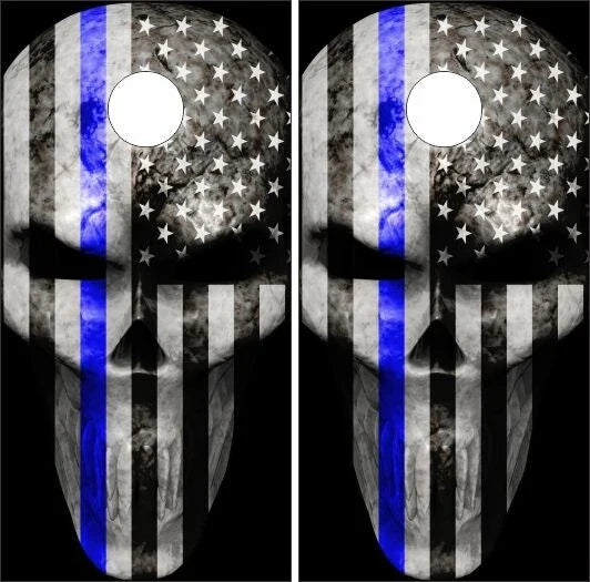 Thin Blue Line Flag Police Punisher Skull Cornhole Wraps