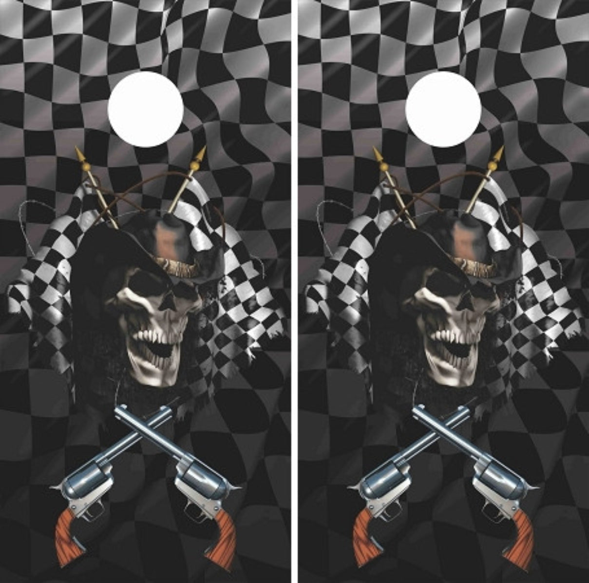 Racing Skull Smoking Revolvers Checkered Flag Cornhole Wraps