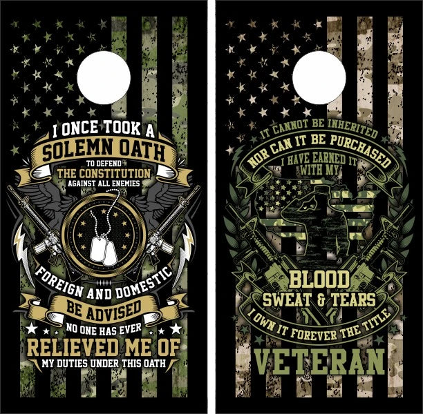 Solemn Oath Veteran Blood Sweat Tears Military Style on Grunge American Flag Background Cornhole Wraps