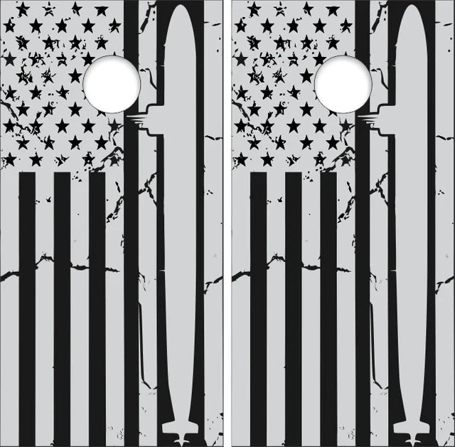 Navy Submarine in Thin Line American Gray and Black Flag Cornhole Wraps