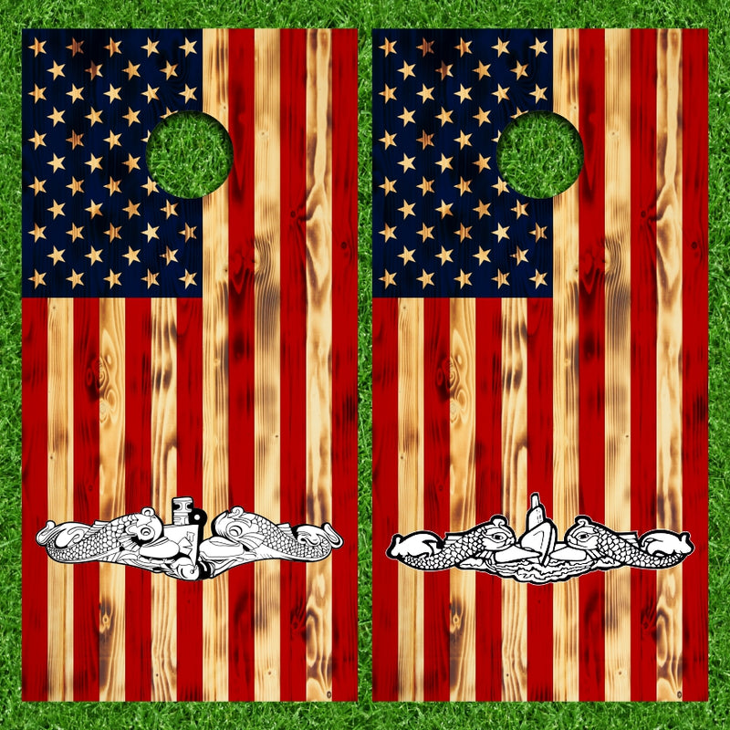 Navy Submarine Warfare Insignia with American Flag Burn Look Background Cornhole Wraps