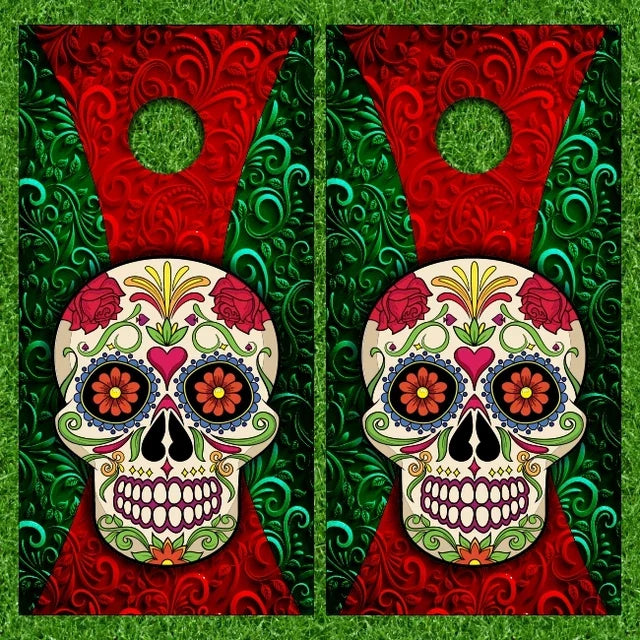 Sugar Skull Flower Head Center Stripe Background Cornhole Wraps