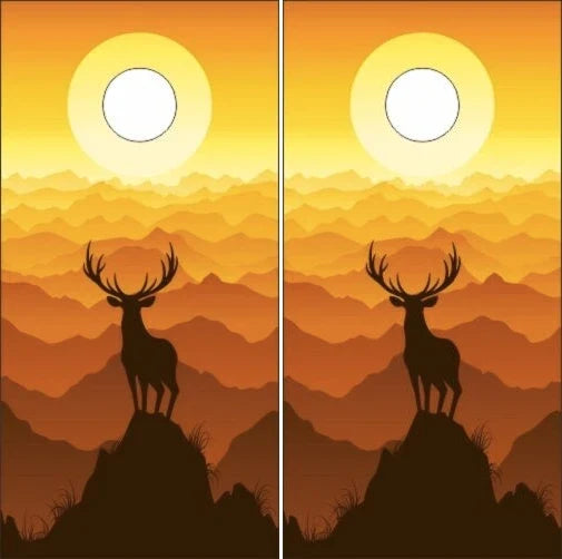 Trophy Deer Buck Standing on Mountain Top at Sunset Cornhole Wraps