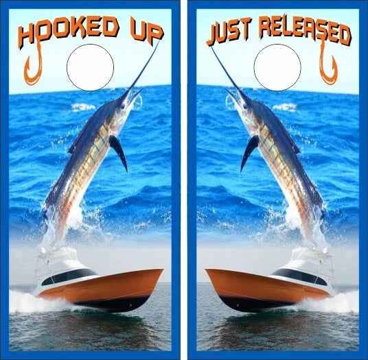 Swordfish Deep Sea Fishing Hooked Up Boat Theme Cornhole Wraps