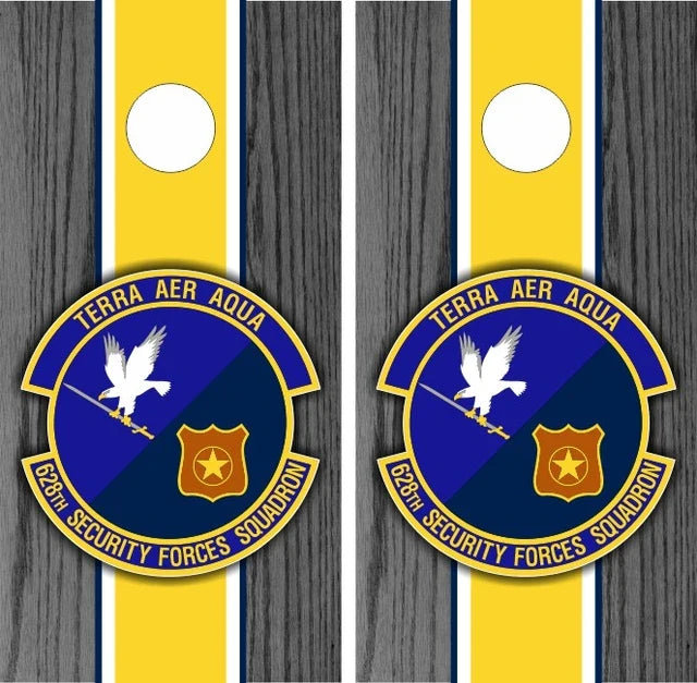 Terra Aer Aqua 628th Security Forces Squadron with Wood Stripe Background Cornhole Wraps