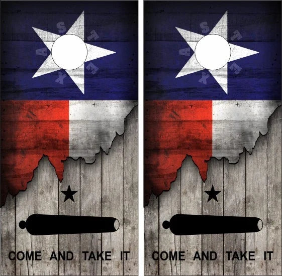 Texas Flag Come And take It with Wood Look Background Cornhole Wraps