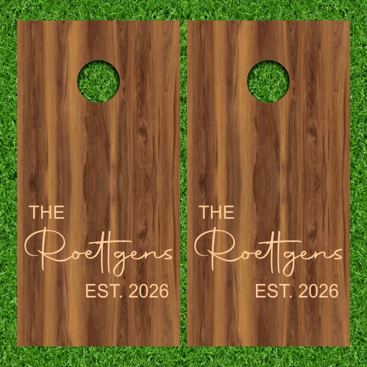 Customize Your Name Monogram on this Wedding with Plywood Stain Background Cornhole Wraps