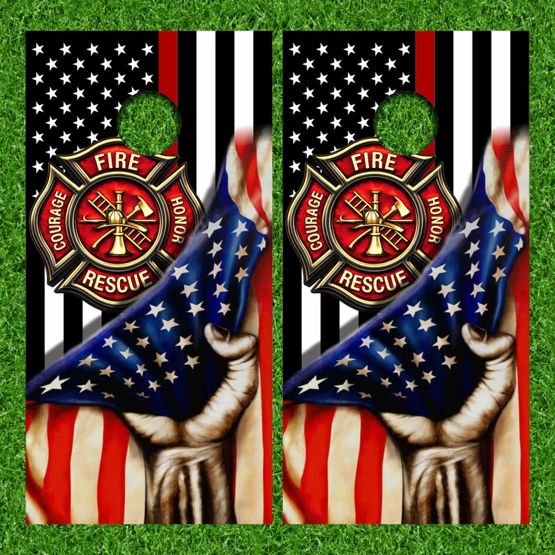 Strong Hand Pulling American Flag with Thin Red Line Firefighter Flag Background Cornhole Wraps