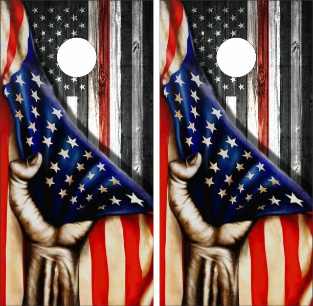 Fireman Firefighter Thin Red Line with Hand Pulling American Flag Cornhole Wraps
