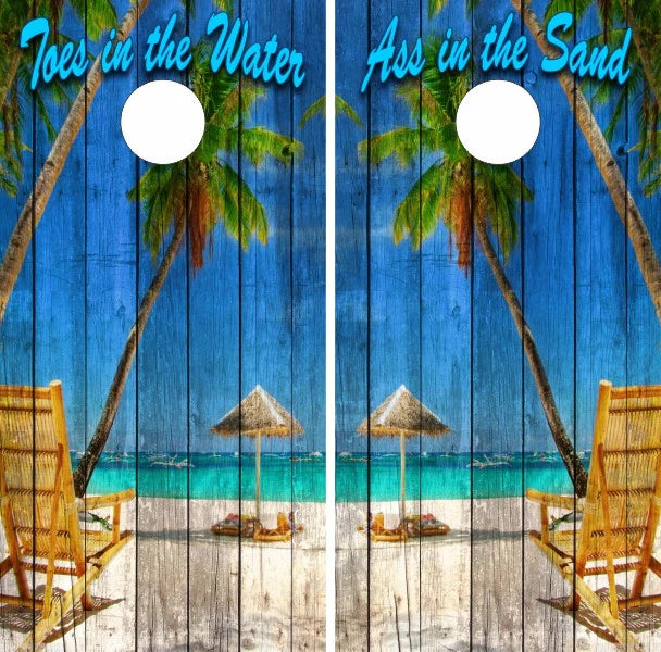 Toes In The Water Ass In The Sand Tropical Beach Palm Trees Lounge Chair Tiki Hut Rustic Weather Wood Look Cornhole Wraps