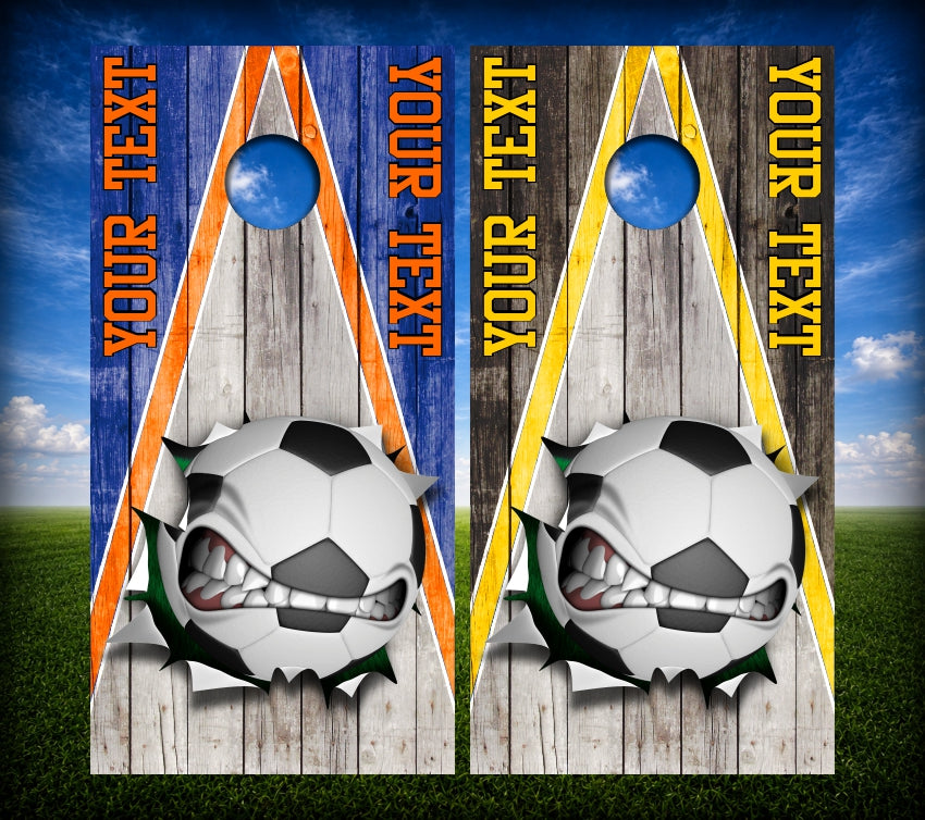 Triangle Screaming Soccer Ball Cornhole Wraps Weathered Wood Custom Text