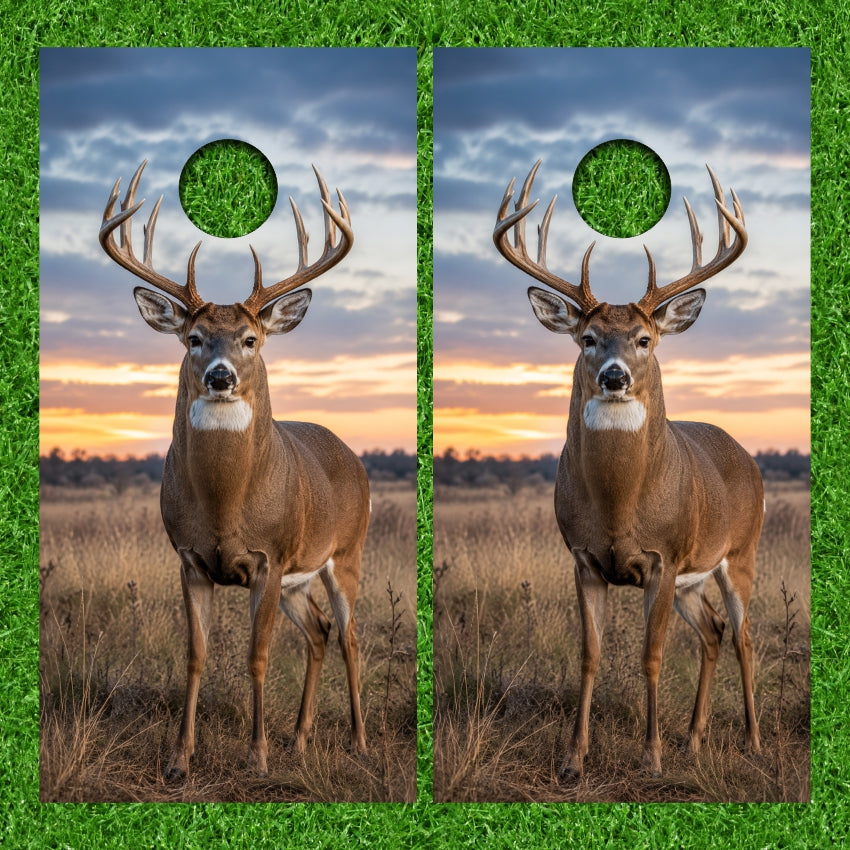 Trophy Buck Deer Cloudy Sky Field Cornhole Wraps
